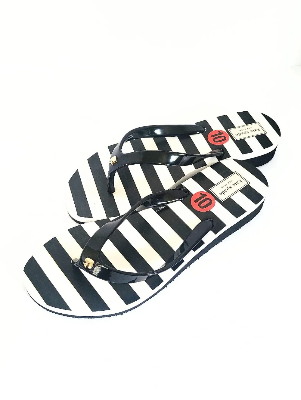 NWT Kate Spade Milli Flip Flop Wedge Thong Sandal Black & White Striped Size 10